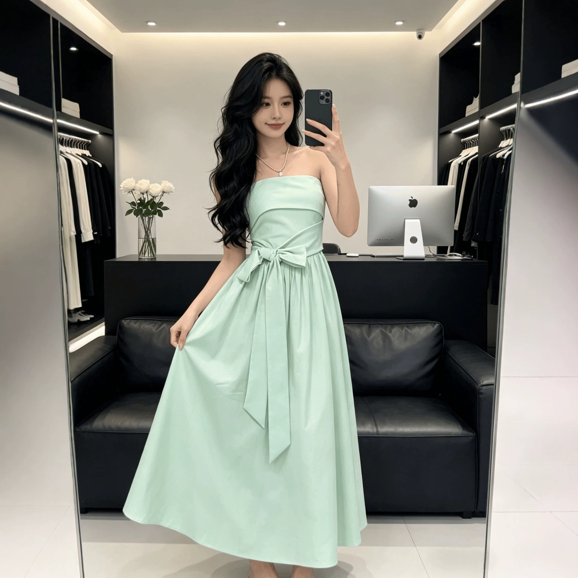 2026夏季新款法式薄荷绿抹胸连衣裙女收腰显瘦气质长裙蝴蝶结裙子