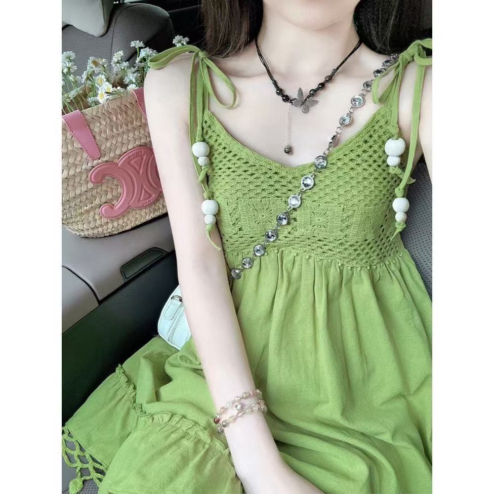 波西米亚风两件套绿色流苏无袖吊带连衣裙女夏娃娃裙子多巴胺短裙