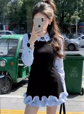 2026韩系休闲风撞色洋气连衣裙今年流行的女装早秋收腰小个子裙子