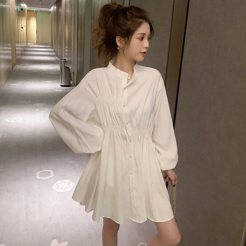 春秋新款宽松休闲中长款衬衫长袖设计感小众收腰上衣轻熟女式衬衣