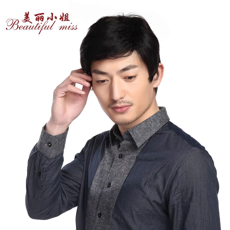 美麗小姐中老年男士假發(fā)   逼真蓬松斜劉海 短發(fā) 短直發(fā) 自然真發(fā)
