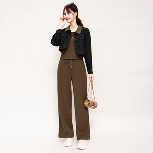 秋冬牛仔短款上衣配阔腿裤套装女小个子时尚休闲直筒裤减龄三件套