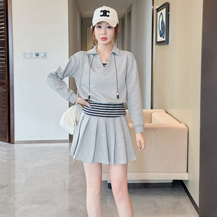 卫衣女新款套装秋季学院风百褶裙长袖减龄两件套小个子裙运动套装