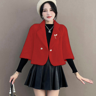 小香风毛呢外套女短款秋冬高级感小个子仿水貂绒小款白色毛毛外衣