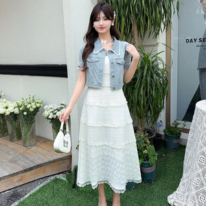 春夏新款超火牛仔短外套蕾丝吊带裙温柔风仙女裙蛋糕裙套装两件套