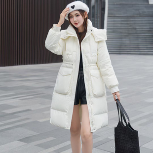 A-8白色收腰显瘦羽绒服女小个子冬季款中长款过膝系腰绳加厚外套