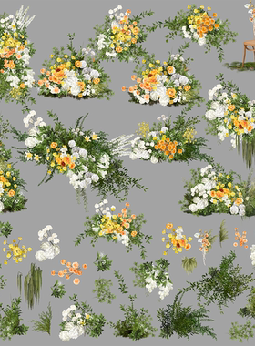 白绿黄色清新婚礼花艺ipad手绘PNG免扣PSD效果图源文件分层素材