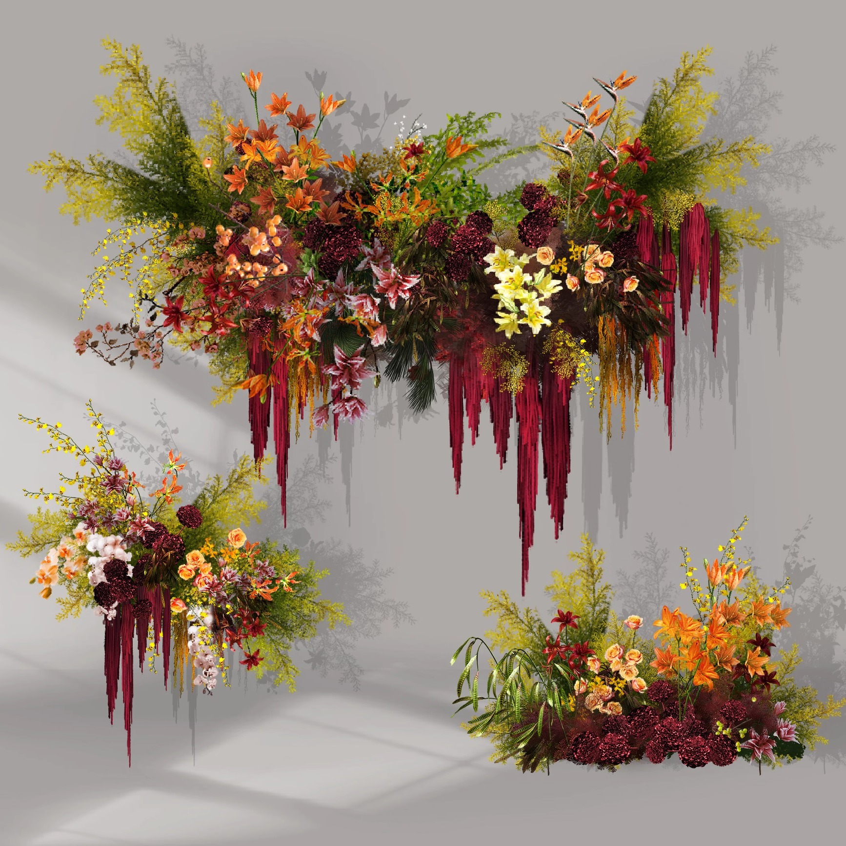 红绿色挂花花艺造型新中式ipad手绘婚礼PSD效果图分层免扣PNG素材