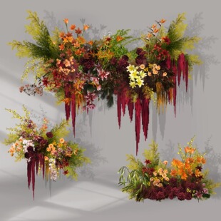 红绿色挂花花艺造型新中式ipad手绘婚礼PSD效果图分层免扣PNG素材