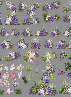 白绿色紫色花艺素材ipad手绘浪漫风婚礼PSD效果图分层免扣PNG素材