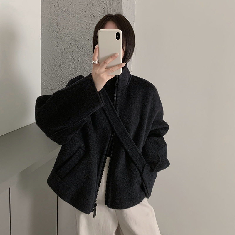 THINK十三行简约大气立领拉链双面羊毛大衣女士 羊毛双面尼外套