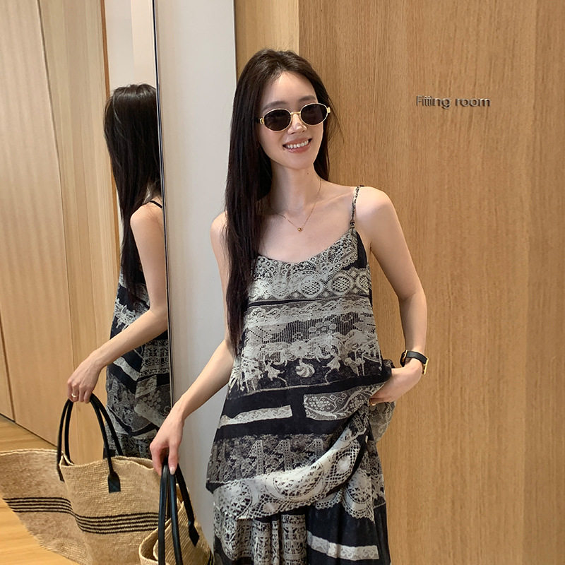 32380MOXI十三行女装夏季新款休闲复古印花吊带阔腿裤套装女