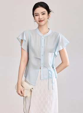 2603310-法式气质典雅荷叶袖显瘦绑带天丝醋酸衬衫上装南油女夏款