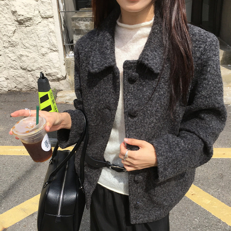THINK韩国东大门女装2025新款复古老钱风毛呢大衣女翻领呢子外套
