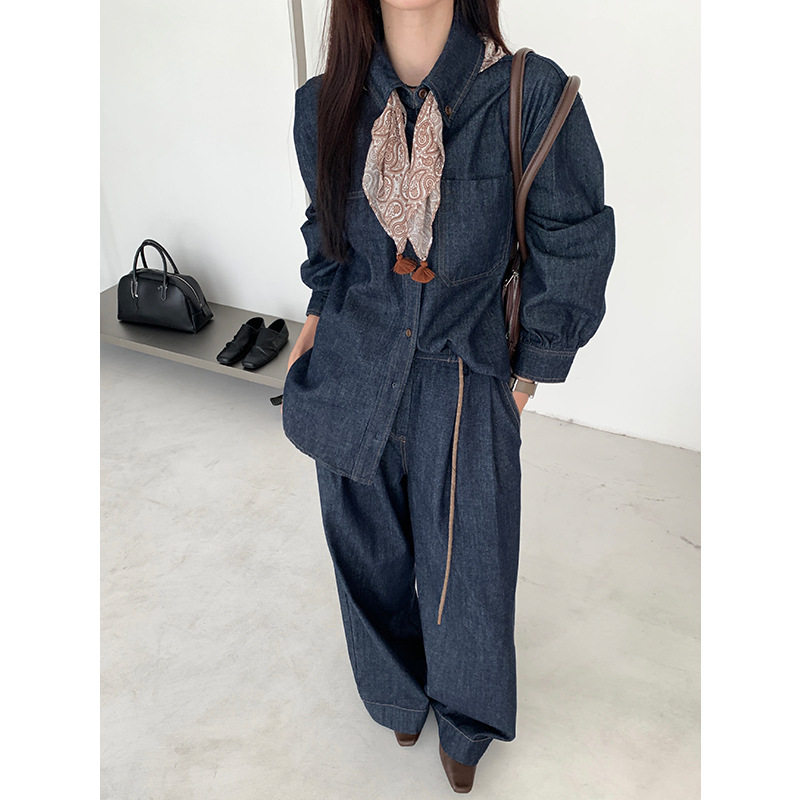THINK十三行时髦精收！牛仔套装女25牛仔衬衫松紧腰裤子（配丝巾