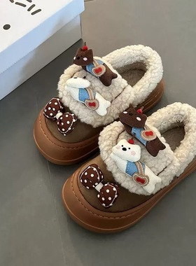 耍鞋 可爱卡通狗蝴蝶结毛毛棉拖女防滑2025冬季新款外穿居家棉鞋