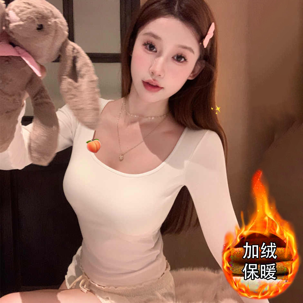 秋冬方领加绒磨毛保暖长袖T恤带