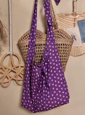 韩国小众设计法式紫色碎花打结肩带托特包大容量休闲蝴蝶结斜挎包
