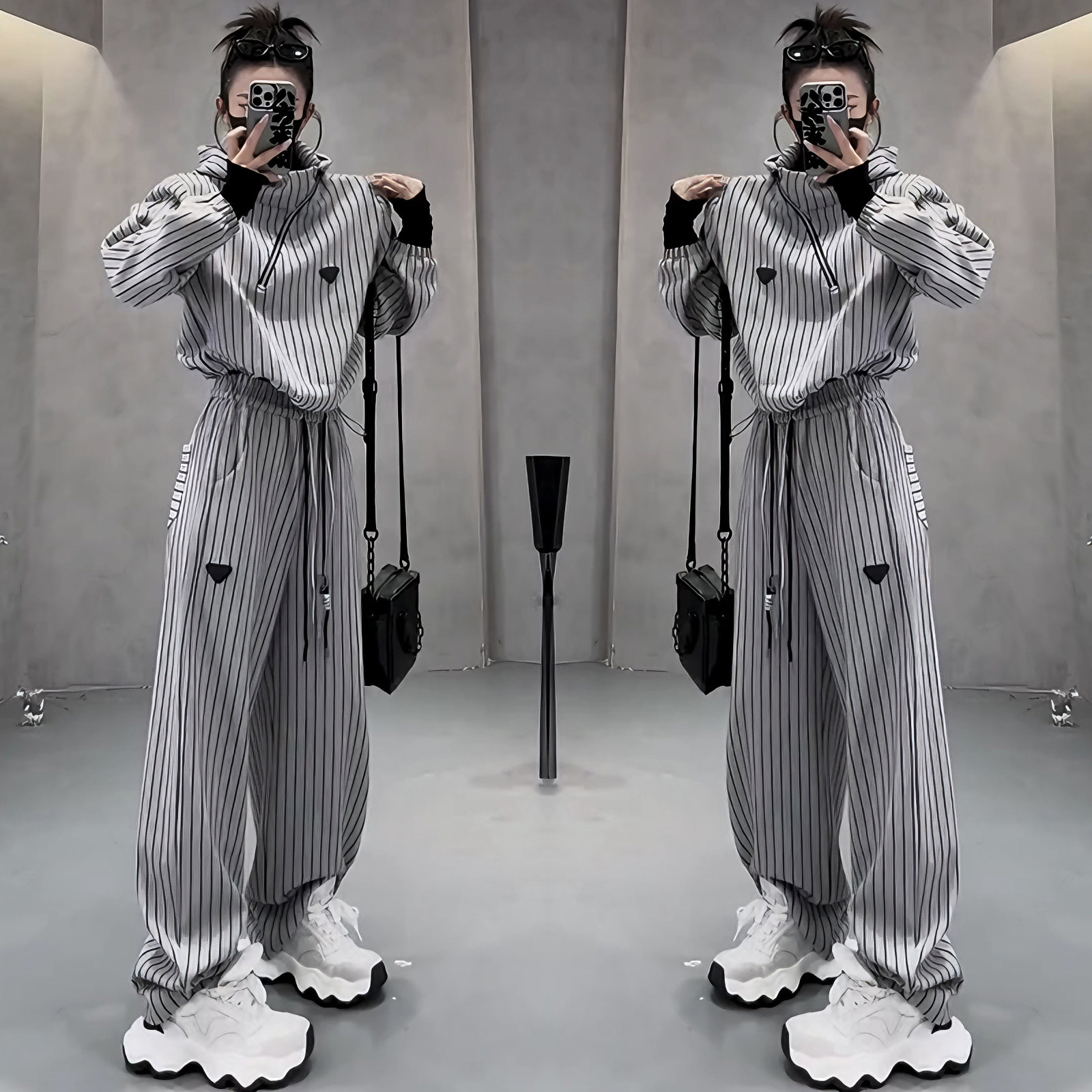 网红同款休闲套装女2025春秋新款时尚宽松显瘦条纹连帽卫衣两件套
