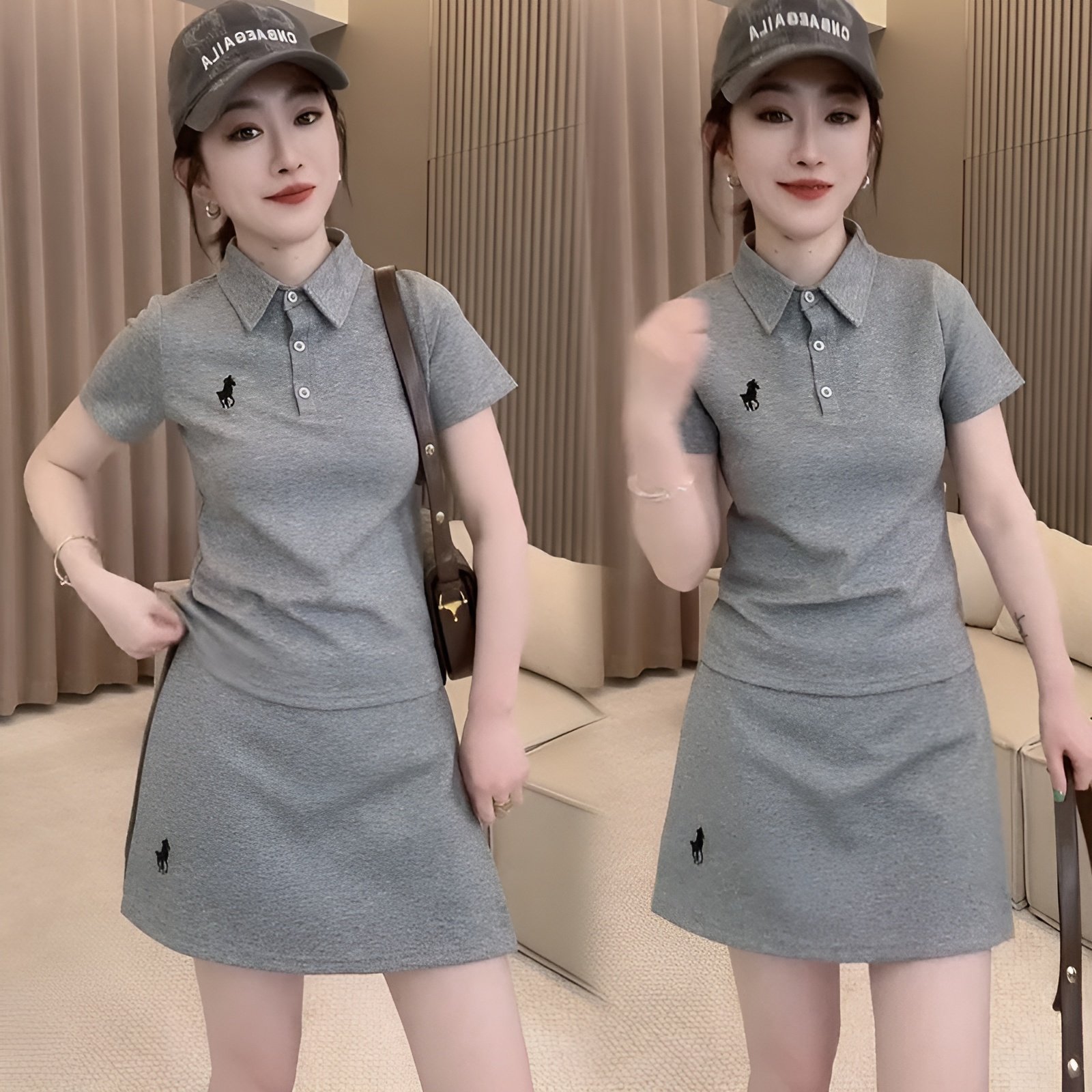 网红同款休闲时尚套装女夏季新款POLO领刺绣短袖T恤裤衩裙两件套