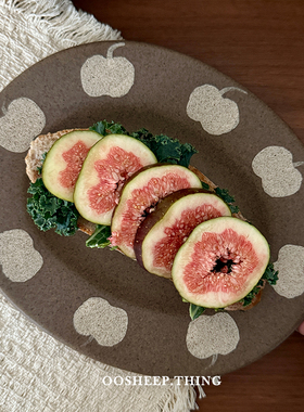 复古手绘苹果粗陶盘 日式早餐盘家用陶瓷椭圆盘甜品盘一人食餐具