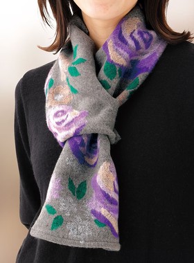 日本代购华丽大花朵图案交叉围脖秋冬保暖围巾优雅风2728