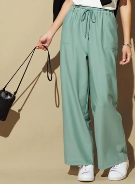 代购日本面料cecile夏天也能穿的长裤带弹力的阔腿裤送腰带绿色