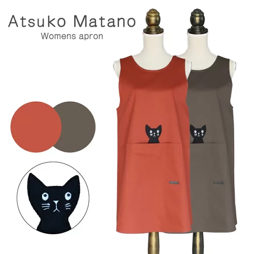 日本制代购ATSUKO MATANO商场人气无袖背心围裙工作服纯棉黑猫