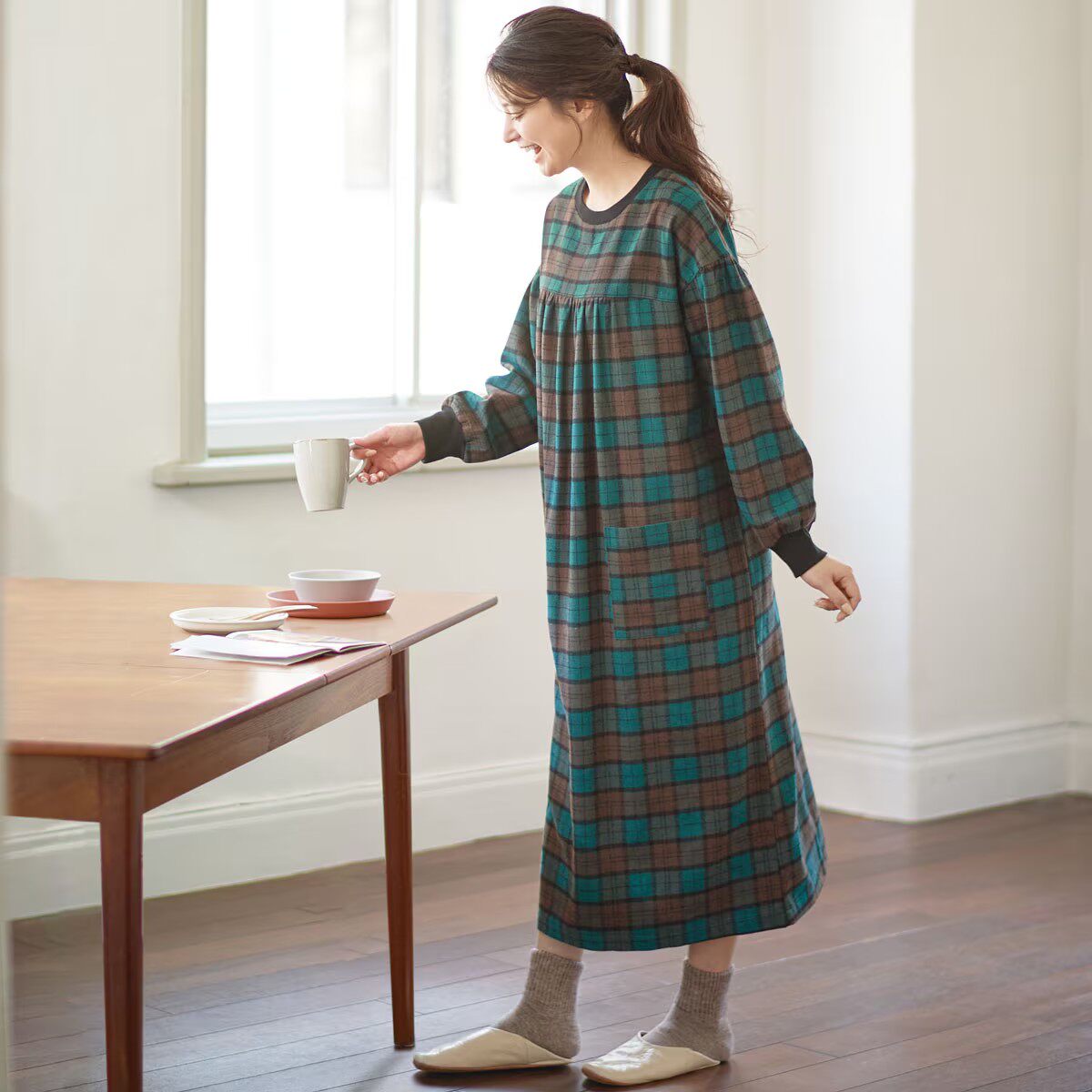 日本代购cecile26年秋冬家居裙日式日系格纹缩口袖超长家居袍