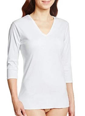 日本代购快适工房纯棉7分袖V领秋衣内衬衣薄柔软亲肤舒适