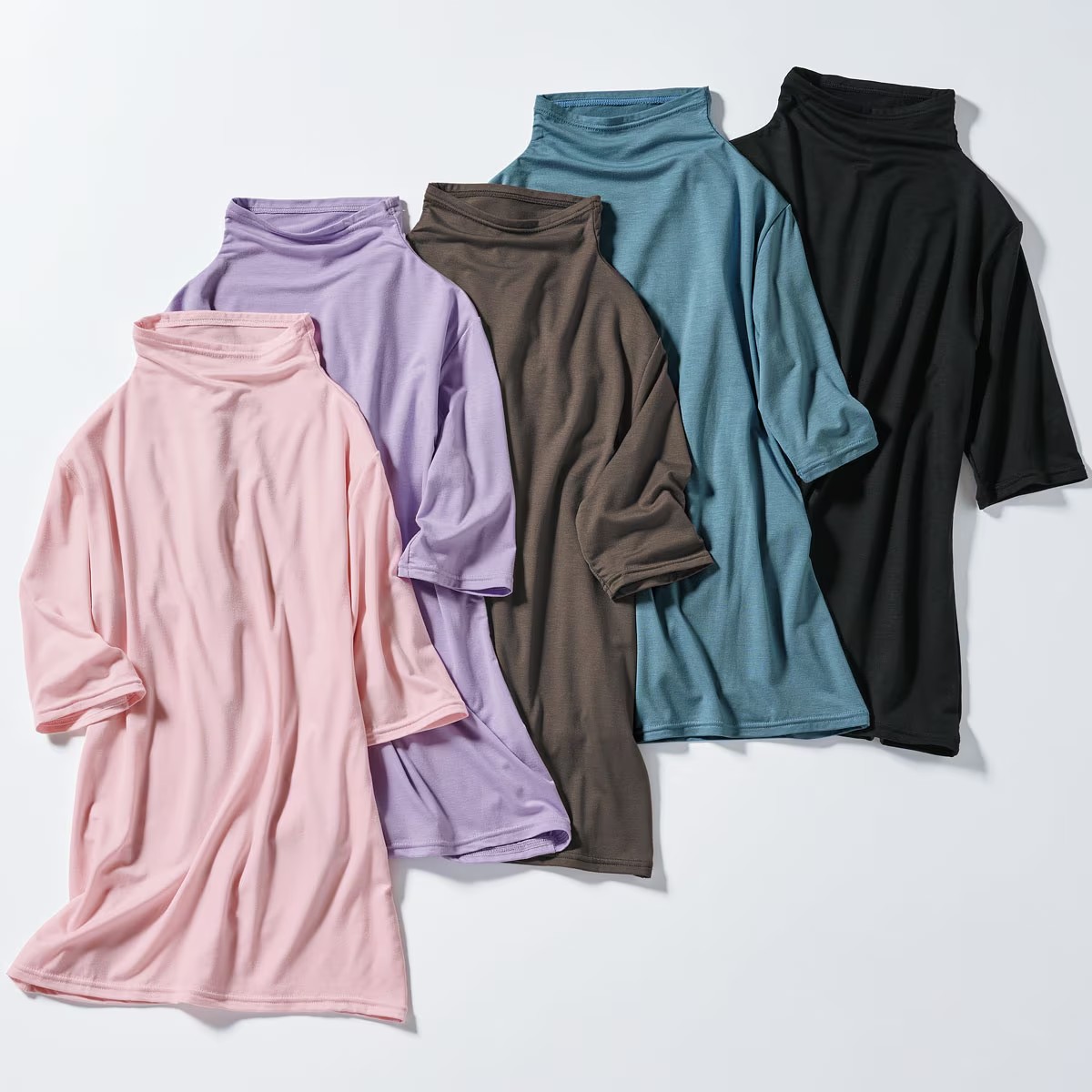 日本代购cecile高领5分袖打底衫 纯棉轻薄柔软高弹针织t恤