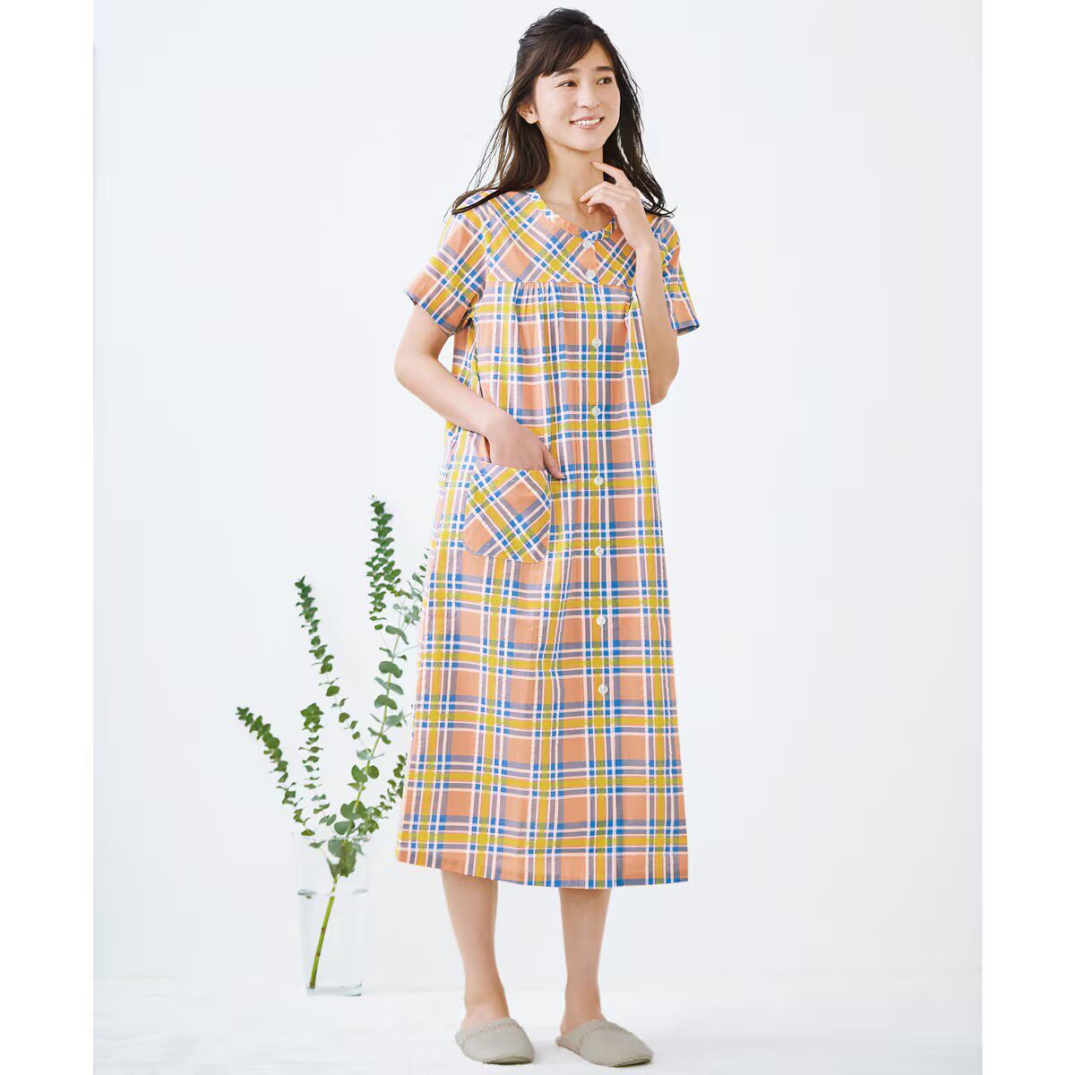 衬衫式短袖长睡裙家居裙睡衣