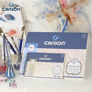 新品CANSON康颂Aquarelle水彩纸 水彩本四面封胶20页 线圈12页 300克 60%棉浆 毛边无酸 中粗 粗纹56x76cm 2K