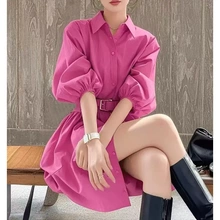御姐穿搭轻奢高级感小众玫红色翻领连衣裙女2025年春季气质衬衫裙
