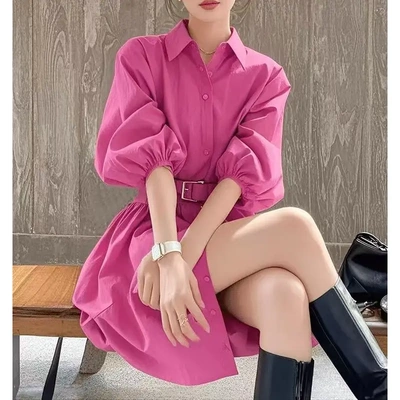 御姐穿搭轻奢高级感小众玫红色翻领连衣裙女2025年春季气质衬衫裙