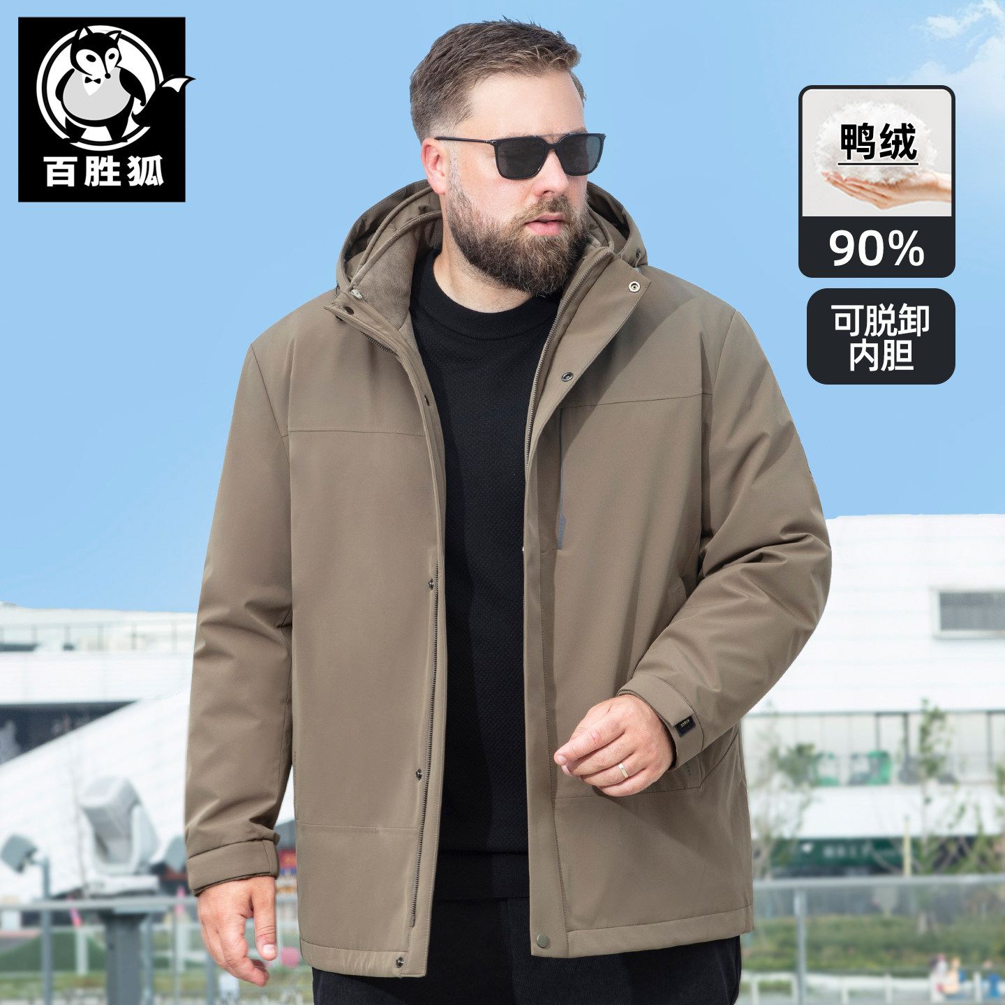 百胜狐90鸭绒羽绒服男高个子冬胖子加肥加大宽松h型羽绒大衣外套