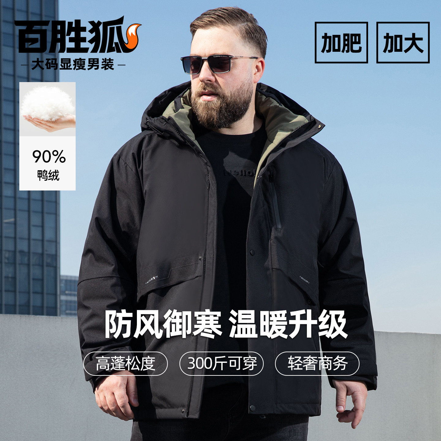 百胜狐90鸭绒加肥加大码工装风商务男羽绒服加厚保暖连帽宽松外套
