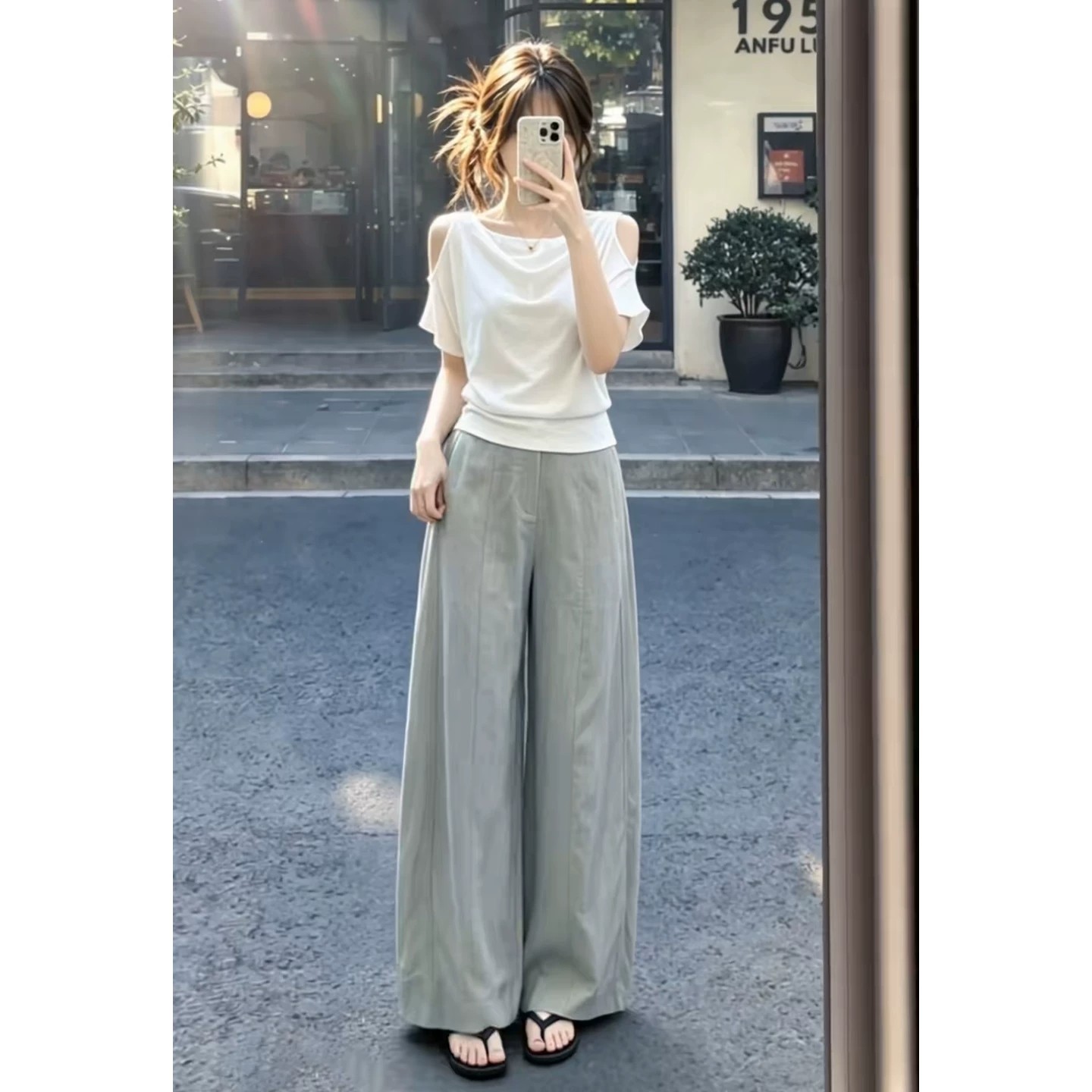白色露肩短袖t恤夏季阔腿裤套装