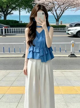 2026新款超火穿搭一整套蓝色无袖背心上衣女夏季阔腿裤子两件套装
