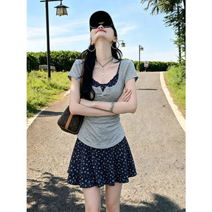 小个子碎花吊带连衣裙子女夏季2026新款超火穿搭短袖叠穿短裙套装