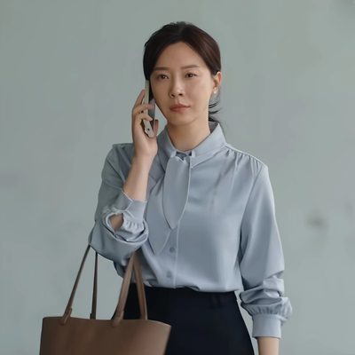 欧洲驻站陈数周颖同款宽松领结飘带职业雾霾蓝色衬衫上衣2025新款