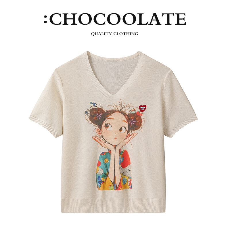 it:CHOCOOLATE夏季短袖上衣女装新款时尚百搭V领卡通图案针织衫