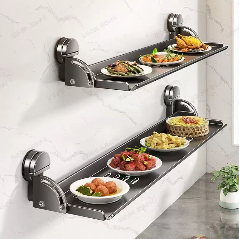 厨房吸盘折叠置物架免打孔多功能配备菜盘碗碟收纳多层壁挂调料架