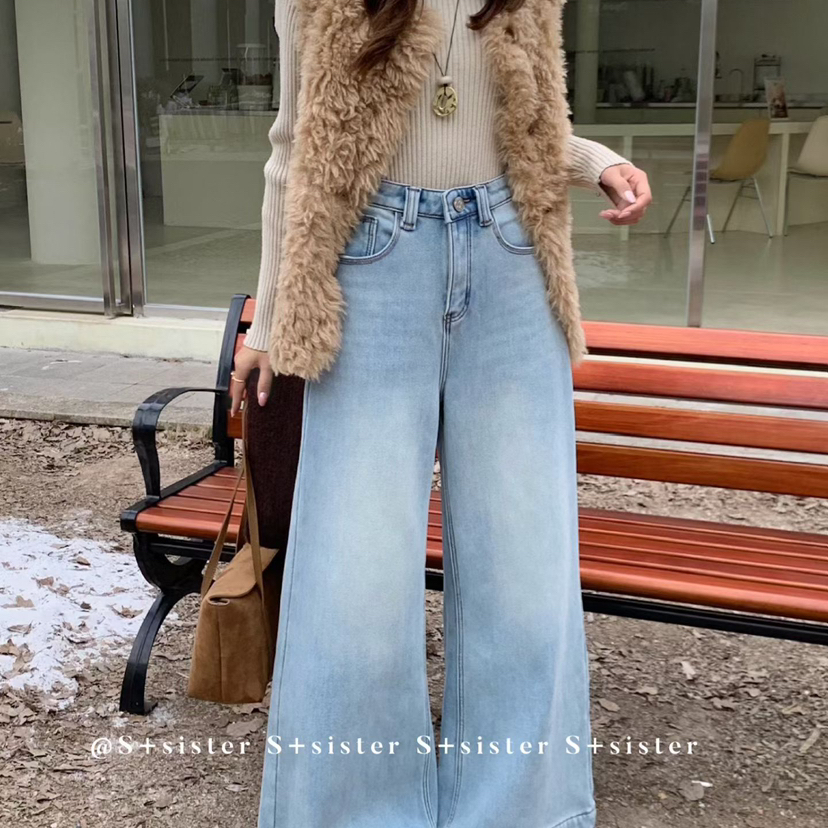 S+Sister大码-冬上新法式复古水洗宽松阔腿牛仔裤W1991