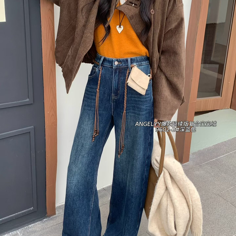 ANGEL YY大码-新慵懒风百搭加绒显瘦保暖牛仔裤(配腰绳小包)9602