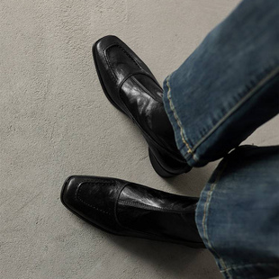 羊皮方头短靴女3cm低跟2025新款秋冬加绒真皮平底静音软底马丁靴