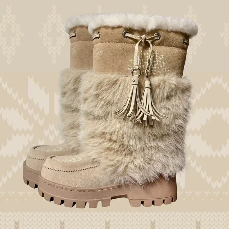 刺绣雪地靴女增高厚底靴子冬季