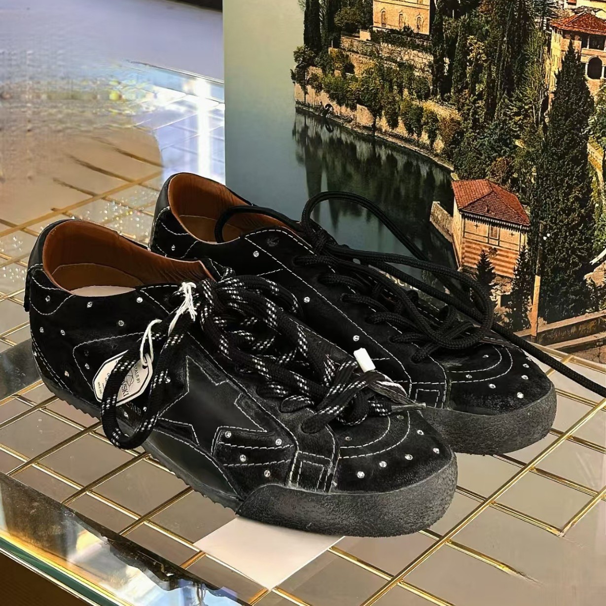 做旧脏脏板鞋休闲水钻德训鞋子潮