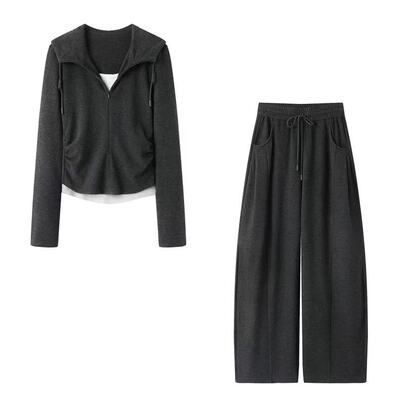 【蜜蜂欢乐社】新款新款假两件开衫阔腿裤休闲套装 81052-2628