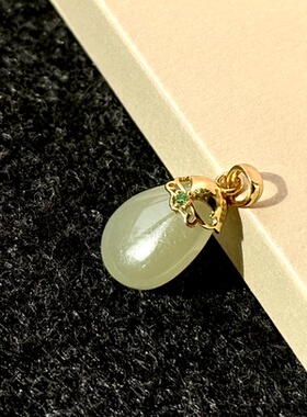 S925银镀金和田玉9*14mm水滴玉石吊坠挂件百搭简约玉坠（无链）